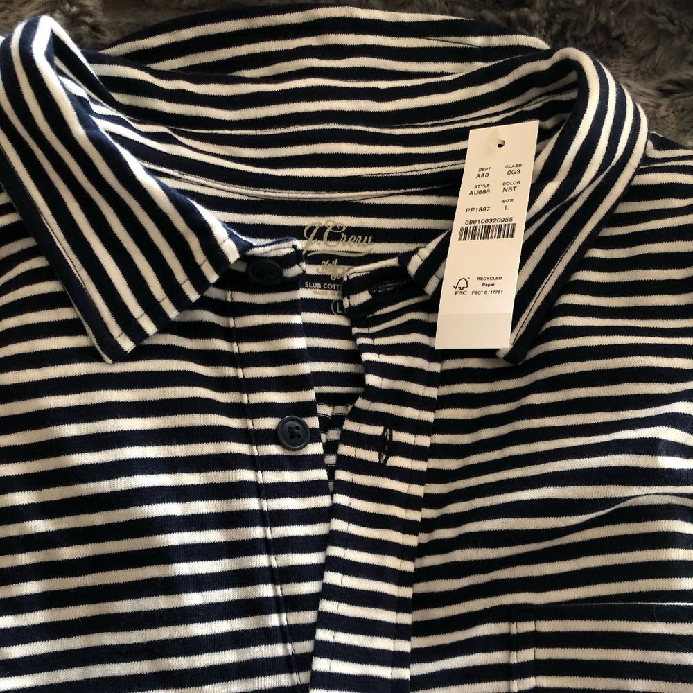 NWT J.Crew Mens Shirt L Navy Blue White Striped Knit Up Button Long Sleeve Slub